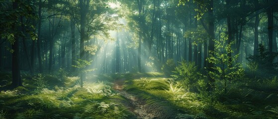Obraz premium Sunbeams Through A Green Forest.