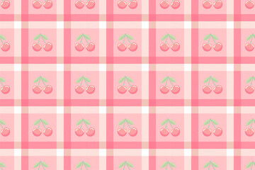 ピンクのチェック柄とさくらんぼのシームレスパターン背景