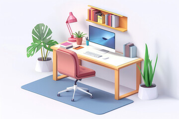 Fototapeta premium Isometric 3D cartoon home office mockup, colorful and inviting, modern furniture, clean white backdrop.
