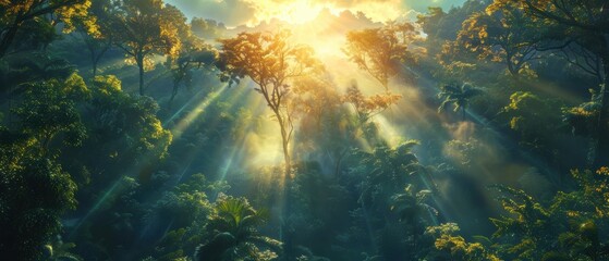 Obraz premium Sunbeams Through Rainforest Canopy.