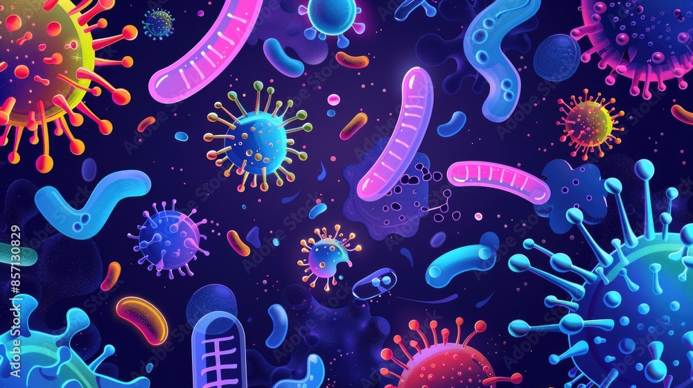 Poster a collection of various virus shapes on a dark background, useful for science and technology illustr