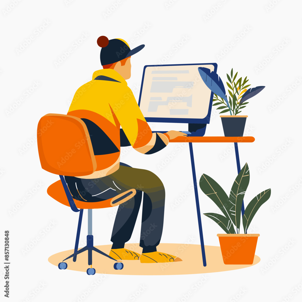 Poster a man is sitting at a desk with a computer monitor and a potted plant. he is wearing a yellow jacket