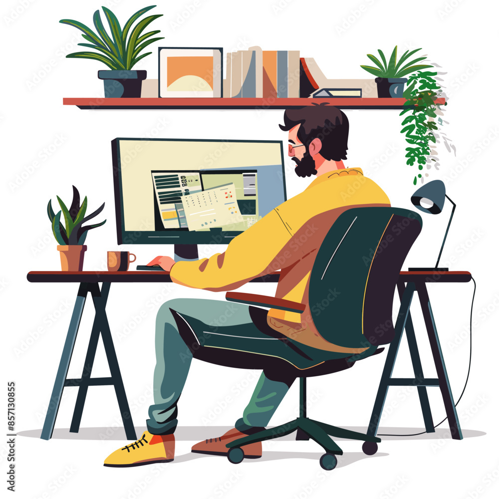 Poster a man is sitting at a desk with a computer monitor and a keyboard. he is wearing a yellow shirt and 