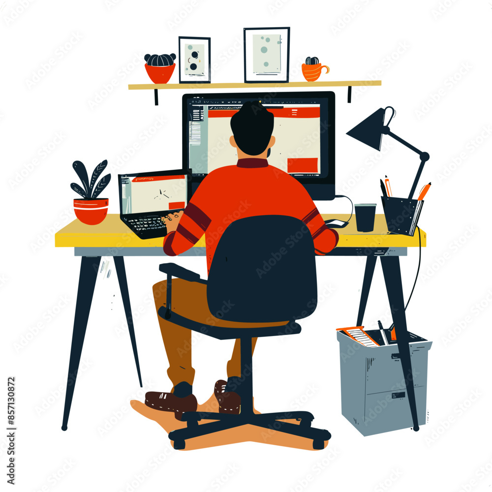 Poster a man is sitting at a desk with a computer monitor and a laptop. he is wearing a red shirt and has a