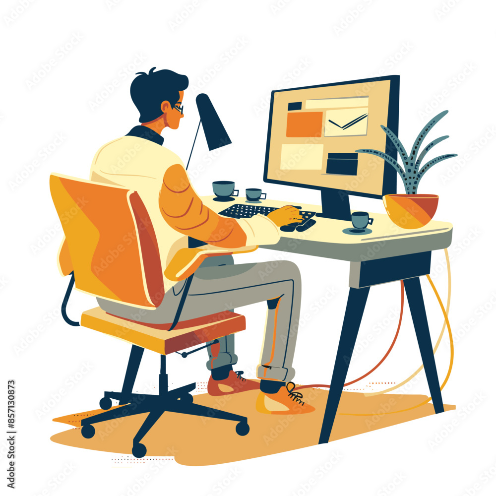 Poster a man is sitting at a desk with a computer monitor and keyboard. he is wearing glasses and a jacket.