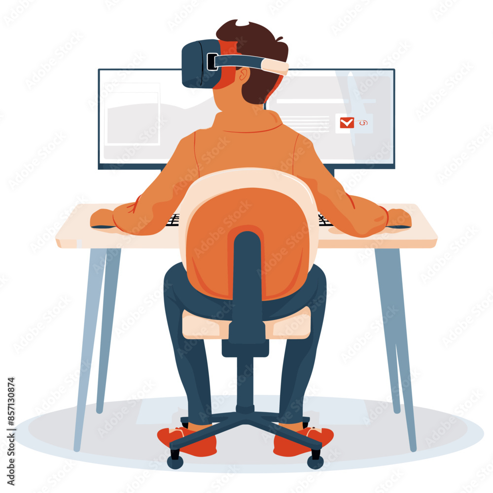 Poster a man is sitting at a desk with a computer monitor and a keyboard. he is wearing a vr headset and he