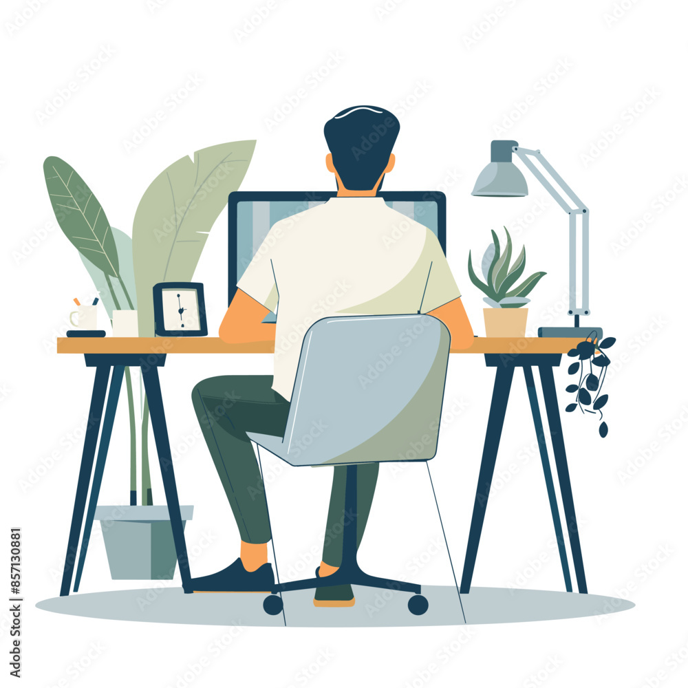 Poster a man is sitting at a desk with a computer monitor and a potted plant. concept of productivity and f