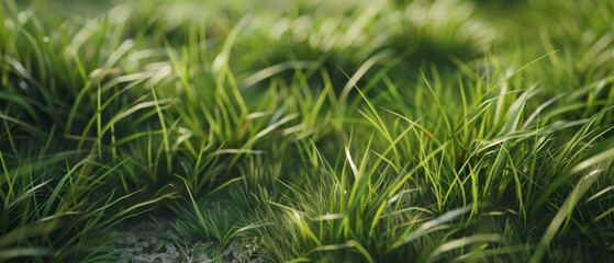 A close-up of lush, dew-kissed grass illuminated by morning light, emphasizing nature's vibrancy and serenity.