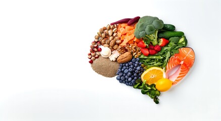 Healthy brain food to boost brainpower nutrition concept with nuts fish vegetables and berries rich in omega-3 fatty acids for mind health composite image