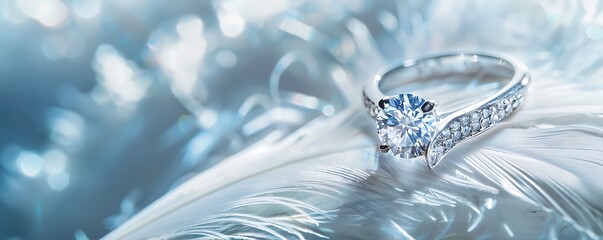 elegant diamond ring placed on white feather wings of angel, symbol of pure love, jewelry wedding concept, heaven soft blue color theme, engagement or marriage wallpaper, romantic banner design