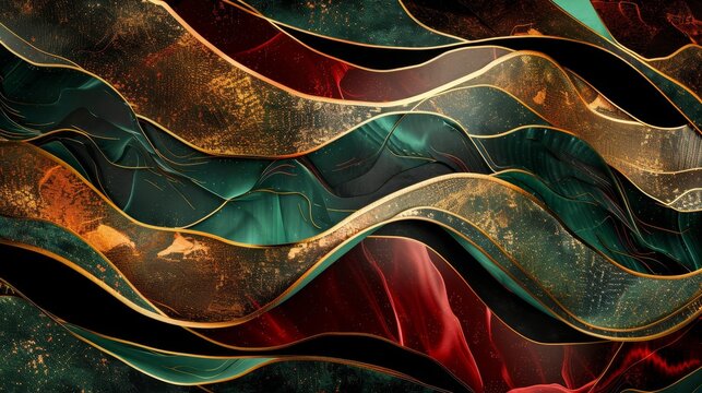 Black base with wave-like burgundy and green patterns gold accents light beams. background