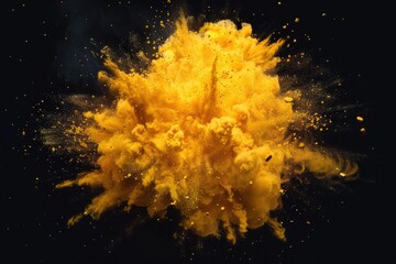 A bright yellow explosion of powder against a dark, matte black background