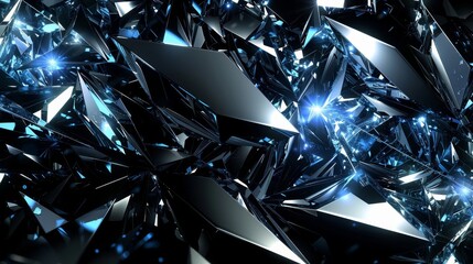 Blue and silver shards on black background with glowing effects and stars. background