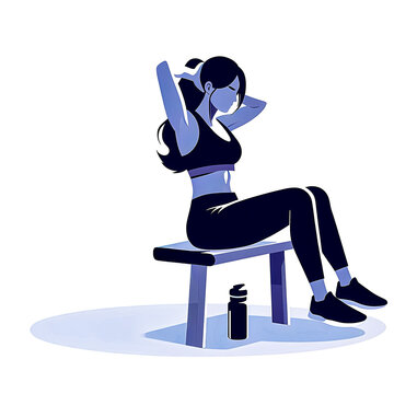 recommend clip art: Vector illustration of young woman doing sit-ups exercises abdominal muscles on a chair with copy space on white background, minimalist style.