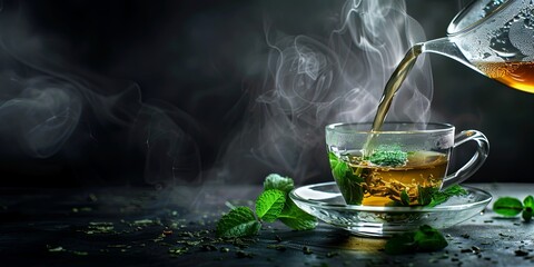 Hot Chinese green tea with mint in transparent cup, pouring from teapot into cup, steam rising, dark background, selective focus, copy space