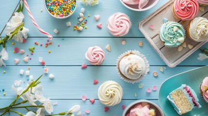 Fototapeta premium Colorful Cupcakes and Sprinkles on Blue Table