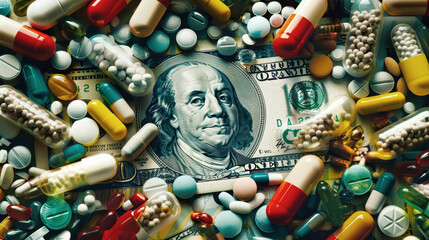 A close-up image showing a variety of pills, capsules, and a US dollar bill, representing the high cost of healthcare and medication