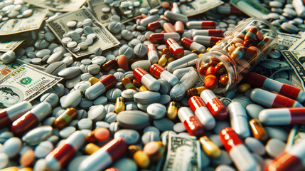 A close-up image of a large quantity of pills and American dollar bills, representing the high cost of medicine in the United States