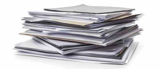 A tall, disheveled stack of assorted documents and papers, lying haphazardly on a white background, symbolizing overwhelming work or paperwork chaos.