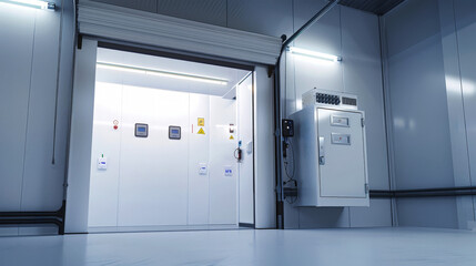 An open door leads into a large, white-walled refrigerated room, revealing a sterile and industrial space designed for food storage
