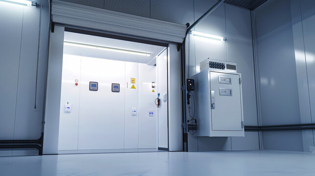 An open door leads into a large, white-walled refrigerated room, revealing a sterile and industrial space designed for food storage