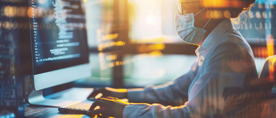 A tech professional in a protective mask works at a computer, images of codes and data reflections cast on the surroundings.