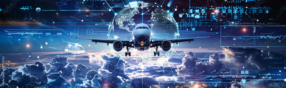 Poster a futuristic plane flies above a digital representation of the earth, surrounded by abstract data st