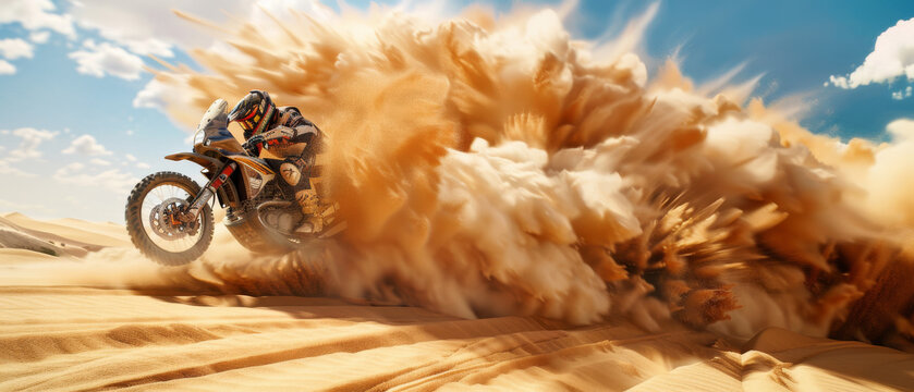 A motorbike rider kicks up a dramatic plume of sand as they speed through the desert, embodying adventure and thrill.