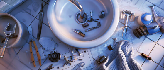 A workbench cluttered with various tools surrounds a sink, hinting at an ongoing repair or tinkering project.