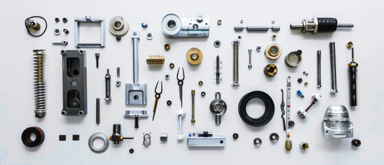 Obraz premium An array of precision mechanical parts and tools neatly arranged on a white surface, showcasing variety and intricacy.