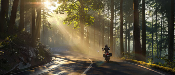 A motorcycle rider travels through a dense, sunbeam-lit forest on a winding road, evoking a sense of adventure and freedom.