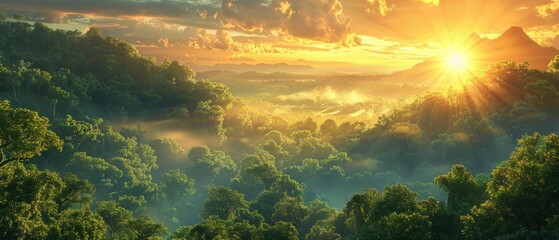 Sunrise Over Lush Forest Landscape.