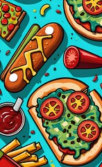 A set of 3D realistic renderings of fast food elements icon set includes a pizza slice, burger, french fries, coffee cup, hot dog, and ketchup bottle, isolated on a white background.