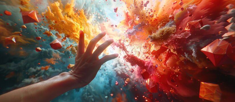 Hand Reaching Towards a Vibrant, Ethereal Explosion - Powered by Adobe