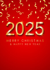 2025 Happy New Year and Merry Christmas background with gold confetti. Vector illustration.