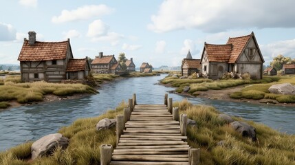 Scenic medieval village with charming houses, a wooden bridge over a tranquil river, and a picturesque landscape under a clear blue sky.