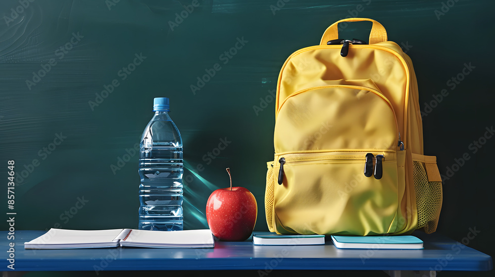 Poster School backpack, notebooks, apple and bottle of water on table against chalkboard