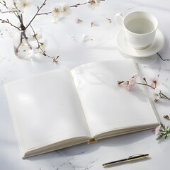 3d rendering of white book and white sketch on white background with flower 