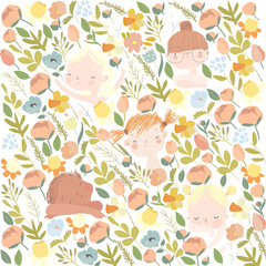 Cartoon Portraits of Beautiful Girls in Flowers. Vector Illustration