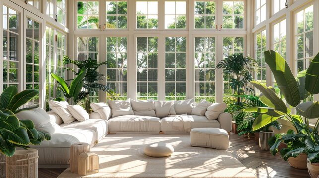 A bright and airy sunroom with large windows, comfortable seating, and lots of plants, illustration background