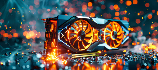 A close-up shot of a video card with glowing orange and blue lights, set against a backdrop of out-of-focus orange and blue lights that simulate a digital environment