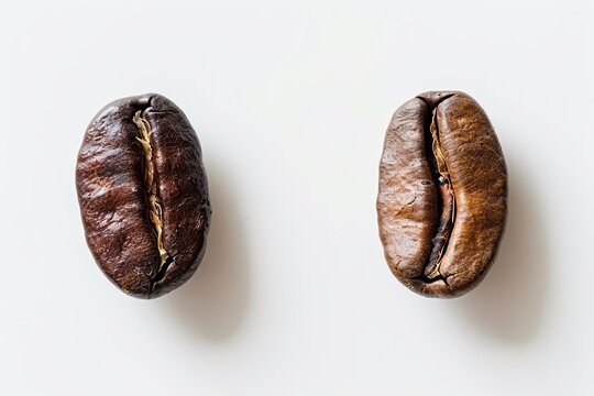 One robusta bean and one arabica bean on a white background, close-up, top view, macro
