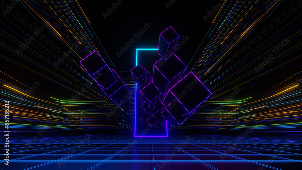 Poster 3d render, neon light square gate portal with floating cube over high technology futuristic speed li