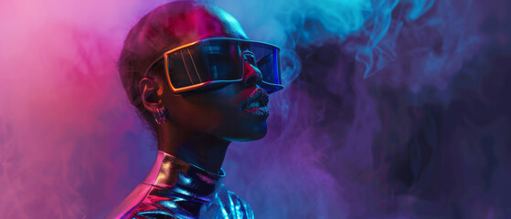 Obraz premium A futuristic portrait of a woman in neon lighting with oversized shades, surrounded by misty pink and blue smoke, creating a captivating, surreal atmosphere.