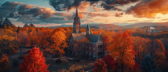 Church in Autumn Forest at Sunset. - Powered by Adobe