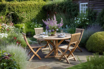 Obraz premium Elegant cozy garden furniture on terrace of suburban home