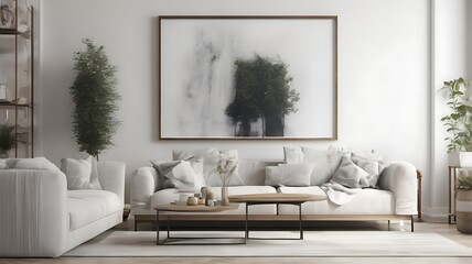 A living and dining area room in minimalist style. With warm tones and wood materials, on parquet floors, White studio interior with chill area and sofa with coffee table, 3d render stock photo