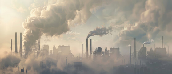 Obraz premium A hazy cityscape with numerous industrial smokestacks releasing thick clouds, evoking concerns of pollution, environmental impact, and urban life.