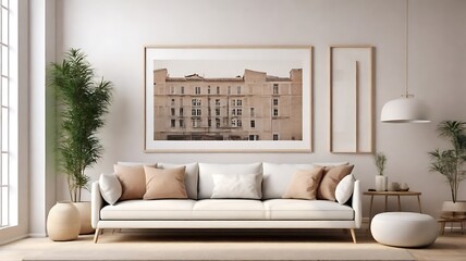 A living and dining area room in minimalist style. With warm tones and wood materials, on parquet floors, 3d render stock photo
