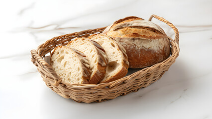sourdough bread and sliced sourdough in a small wicker basket on the table.